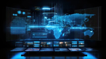 a hologram screen display with a world map background with future sophistication