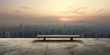 Wooden Bench Concrete Floor Overlooking City Color Sun Viewpoint Front Left Rooftop Floating Sunset Atmosphere Table Centered Empty Edges