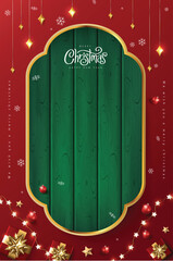 Wall Mural - merry christmas sign banner green wood frame with empty space and festive decoration on red backgrou