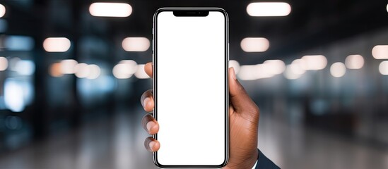 Sticker - Businessman in office holding blank screen smartphone up close.