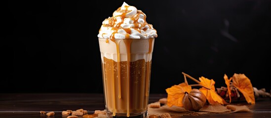 Canvas Print - Pumpkin pie milkshake topped with caramel syrup, whipped cream, and pie.