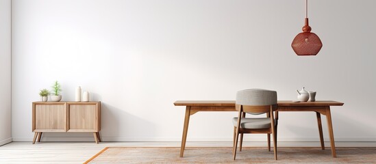 Wall Mural - Scandinavian dining room with wooden chair, table, geometric carpet, and lamp.