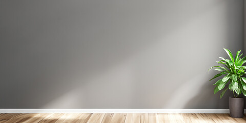 Wall Mural - Light gray wall and and a wooden floor with a potted plant