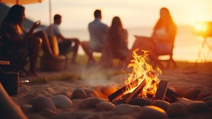 a group of happy young friends relaxing and enjoying summer evening around campfire on the river bank