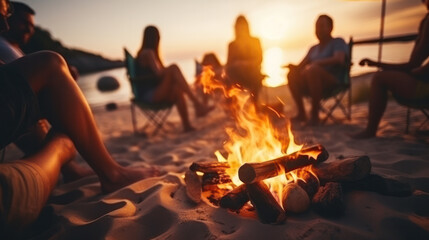 a group of happy young friends relaxing and enjoying summer evening around campfire on the river bank