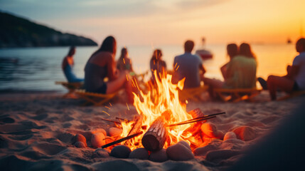 a group of happy young friends relaxing and enjoying summer evening around campfire on the river bank