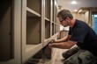 A skilled worker installing cabinetry with care and attention to detail