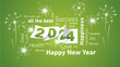 © simbos - Happy New Year 2024 white word cloud text with 2024 calendar pages and light sparkle firework lucky green background vector