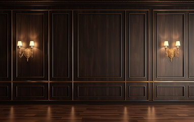 Wall Mural - Dark brown wall mock up with copy space in classic style with wall lamps and brown parquet