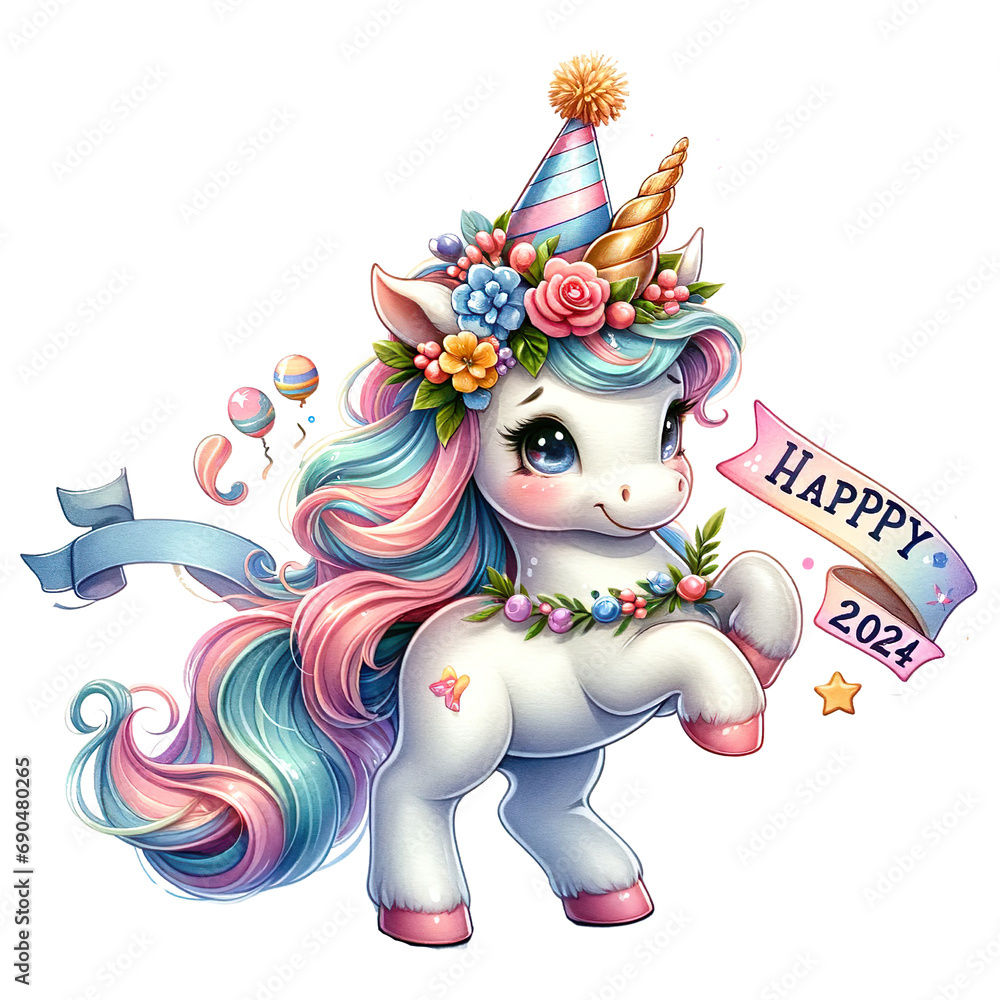 Watercolor Cute Unicorn Clipart, Celebrate the New Year Festival ...