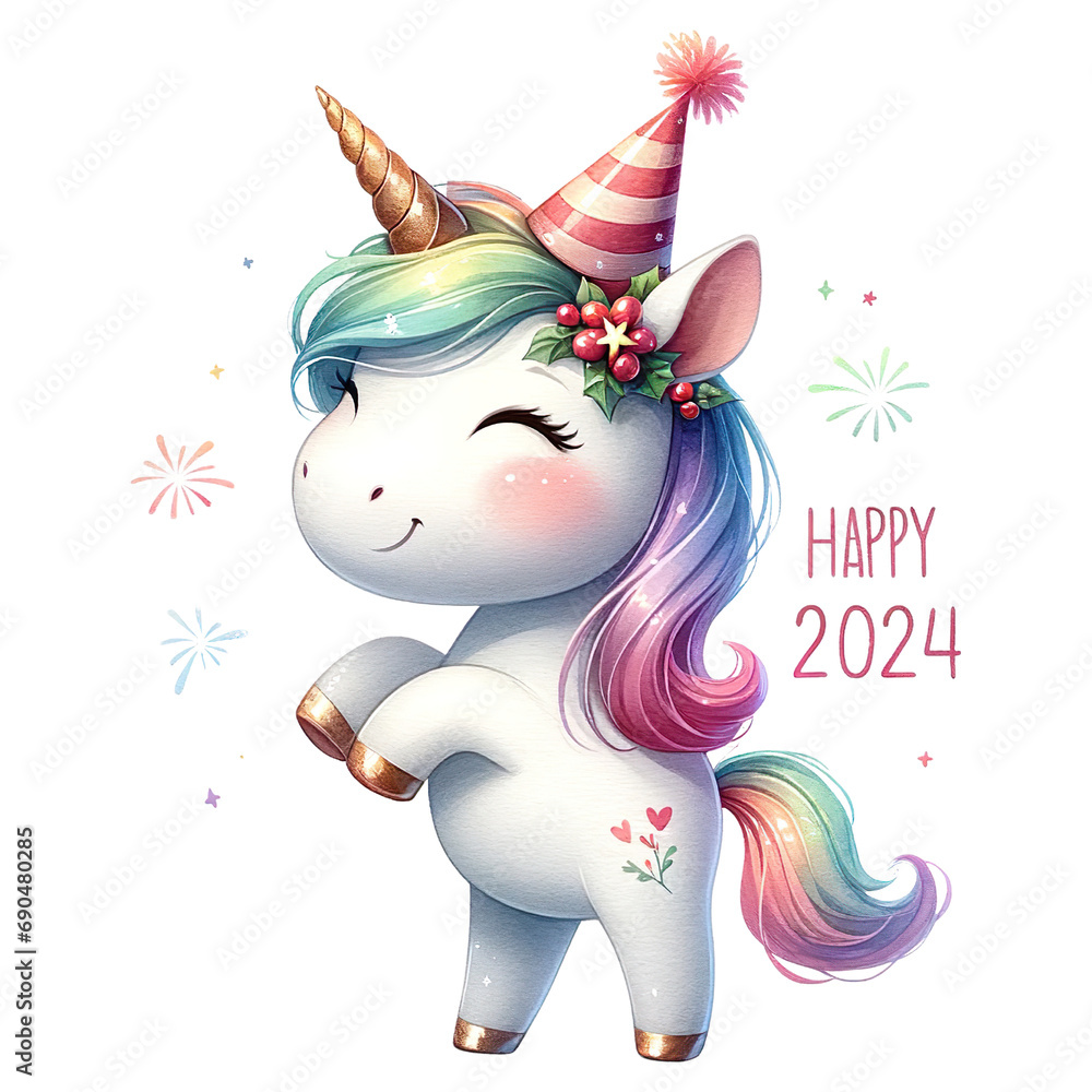 Watercolor Cute Unicorn Clipart, Celebrate the New Year Festival ...