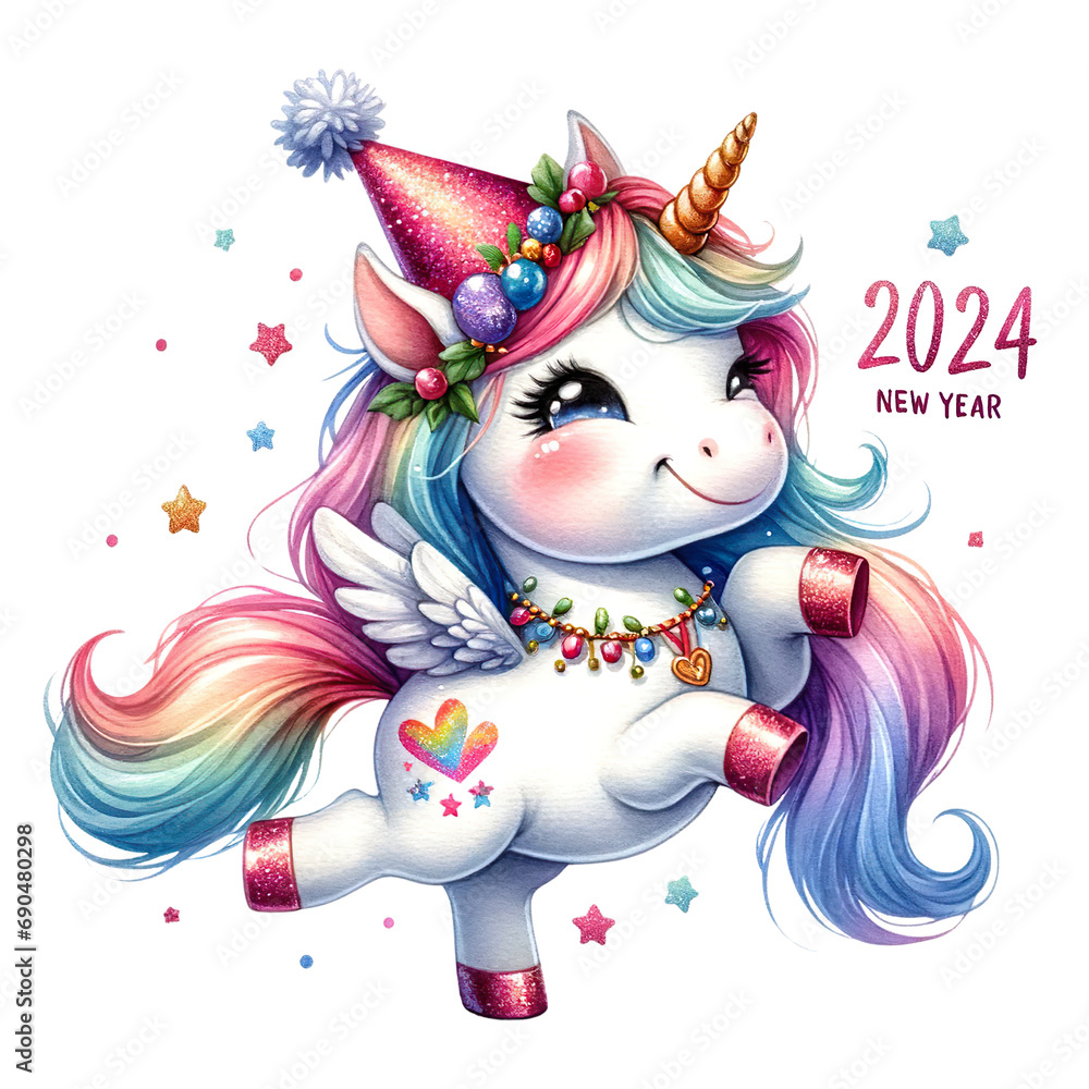 Watercolor Cute Unicorn Clipart, Celebrate the New Year Festival ...