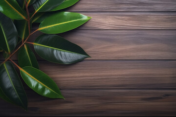Wall Mural - Top view of empty table with green leaves