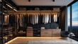 Elegant minimalist male walk in wardrobe with clothes hanging on rods, shelves and drawers. Dressing room with space for storing and organizing accessories.