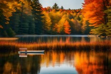 A Visual Tale Of Summer In Vermont, A Stock Photo Showcasing A Peaceful Lake Environment With A Submerged Seat, The Warm Hues Of The Season Painting The Horizon