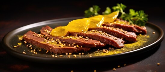 Sticker - Mustard accompanies sliced boiled beef tongue on a plate.