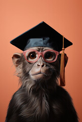 Wall Mural - A monkey in graduation cap and glasses poses with a contemplative expression, a blend of education and wildlife on an orange backdrop.