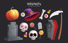 Halloween Elements Vector Set Design. Halloween Spooky, Creepy And Scary Element Collection Like Grave Stone, Witch Hat, Skull And Coffin. Vector Illustration Holiday Seasonal Elements Decoration. 
