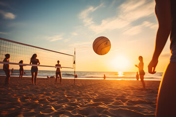 Wall Mural - Silhouette of friends playing beach Volleyball on the beach in sunset