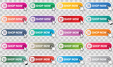 Fototapeta  - Shop now  button with hand cursor. Buy now hand pointer clicking. Modern collection for web site. Click here banner with shadow. Click button isolated. Online shopping. Vector illustration.