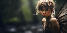 Portrait Of Young Pixie In The Forest, Wide Background With Copy Space For Text