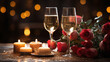 Festive table arrangement with sparkling wine, candles, and red roses, against a backdrop of golden lights. Valentine's day concept. AI Generative