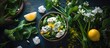 Healthy ingredients for spring detox: dandelion, asparagus, wild garlic, flowers, nettle, and cream cheese salad.