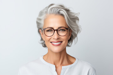 Wall Mural - Portrait of a beautiful mature woman over 40 y.o, smiling with clean white teeth. To advertise dentistry or ophthalmology. A woman with glasses and a stylish hairstyle. Isolated on a white background