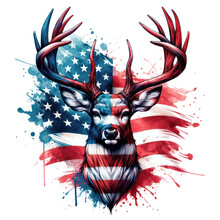 Watercolor Deer Head Abstract Partial American Flag In Transparent Background