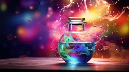 Poster -  a glass jar filled with liquid sitting on top of a wooden table next to a rainbow colored wall of smoke.