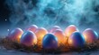  a group of blue and pink eggs sitting on top of a pile of hay next to a blue smoke filled sky.