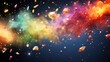  a group of colorful objects floating in the air in front of a blue sky filled with stars and colorful dust.