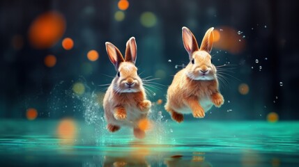 Wall Mural -  a couple of rabbits jumping into a body of water with bubbles in front of them and a blurry background behind them.