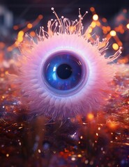 Sticker - A close up of a purple eyeball with lights in the background. Generative AI.