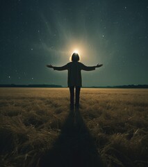 Canvas Print - A person standing in a field with arms outstretched, gazing at the starry night sky. Generative AI.