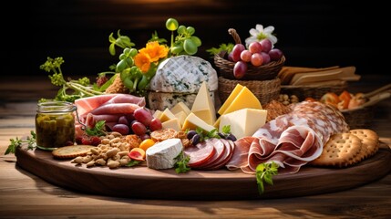 Wall Mural - An elegant display of Easter eggs in a wicker basket, accompanied by a charcuterie board with sliced ham and gourmet cheeses