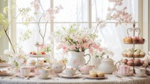 An Elegant Easter-themed Tea Party Setup With Vintage Teacups, Lace Doilies, And A Selection Of Springtime Pastries
