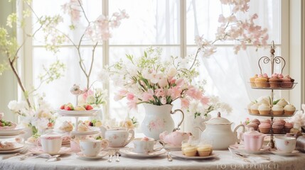 Wall Mural - An elegant Easter-themed tea party setup with vintage teacups, lace doilies, and a selection of springtime pastries