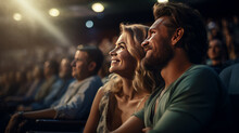 Joyful Couple With Family Watching Cinema, Blurred Audience Background.Generative AI