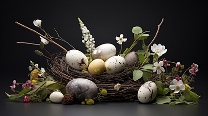 Wall Mural - A creative Easter egg display using natural elements like twigs, feathers, and stones to create a nest-like arrangement