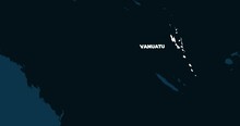 World Map Zoom In To Vanuatu. Animation In 4K Video. White Vanuatu Territory On Dark Blue World Map