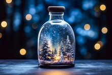Magical Winter In A Jar. Snowy Trees In A Glass Bottle. Dark Blurred Bokeh Background. Christmas Concept. Seasonal Banner, Greeting Card.
