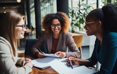 Wall Mural - Group of business people working together at meeting table in office, young people making plans together making profit of company