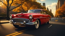 Beautiful Retro Red Car Driving Along The Highway In A Big City, Car Sales Concept