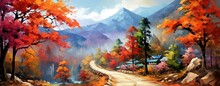 Painting Style Illustration Of Beautiful Valley Village In Autumn With Trees And Hill As Background, Generative Ai