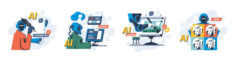 Generative art. AI generated abstract paintings, machine learning creative process and precision drawing. Vector modern art illustration. Automated copywriting, coding cartoon concept