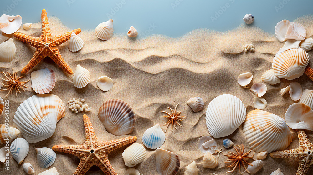 Seabed with different seashells and sea stars, top view