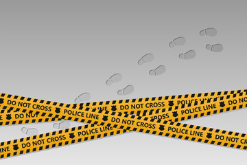 Black and yellow police line and do not cross tapes design with footprints on the background. Vector illustration.