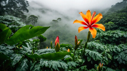 Flower in spring tropical rainforest, clouds over a wet forest, plant growth and environmental protection concept, wild jungle, springtime