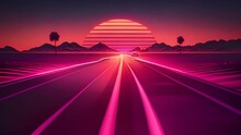 Trendy Neon Synth Wave Background With Sunset Sky, Road And Mountains, Retro Abstract Horizontal Background. Retro Wave Scene. AI Generative.